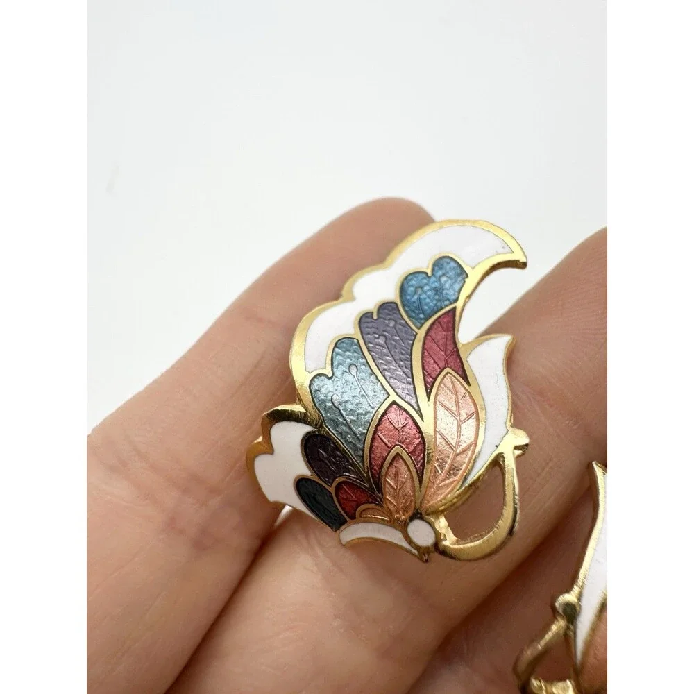Vintage Enamel Cloisonne Butterfly Gold Tone Earrings Colorful